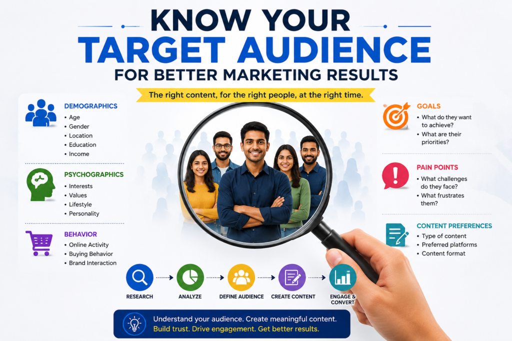 Digital Marketing Content Guide 5 Know your target audience infographic for better marketing results and content strategy.