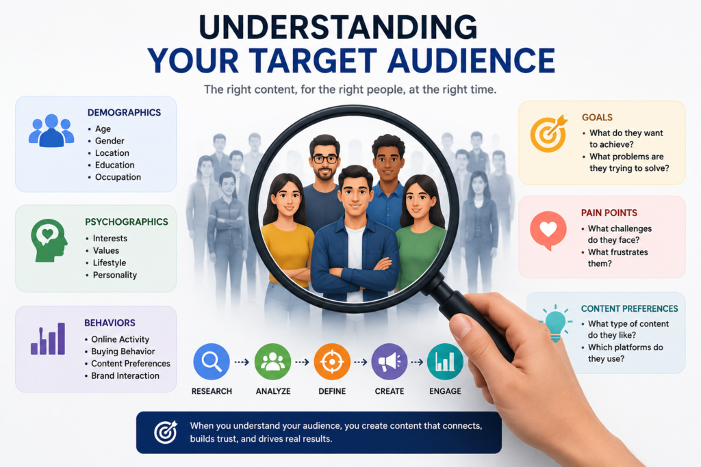 Digital Marketing Content Guide 4 Understanding target audience infographic for social media marketing.