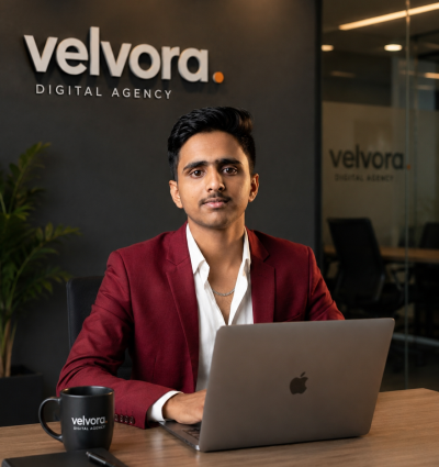 Velvora Digital agency owner “Velvora digital marketing agency owner working on a laptop in a modern office setup.”